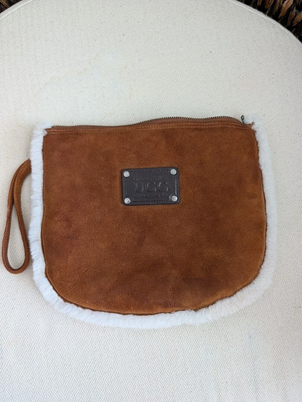 UGG Chestnut Brown Suede Wristlet with White Shearling Trim